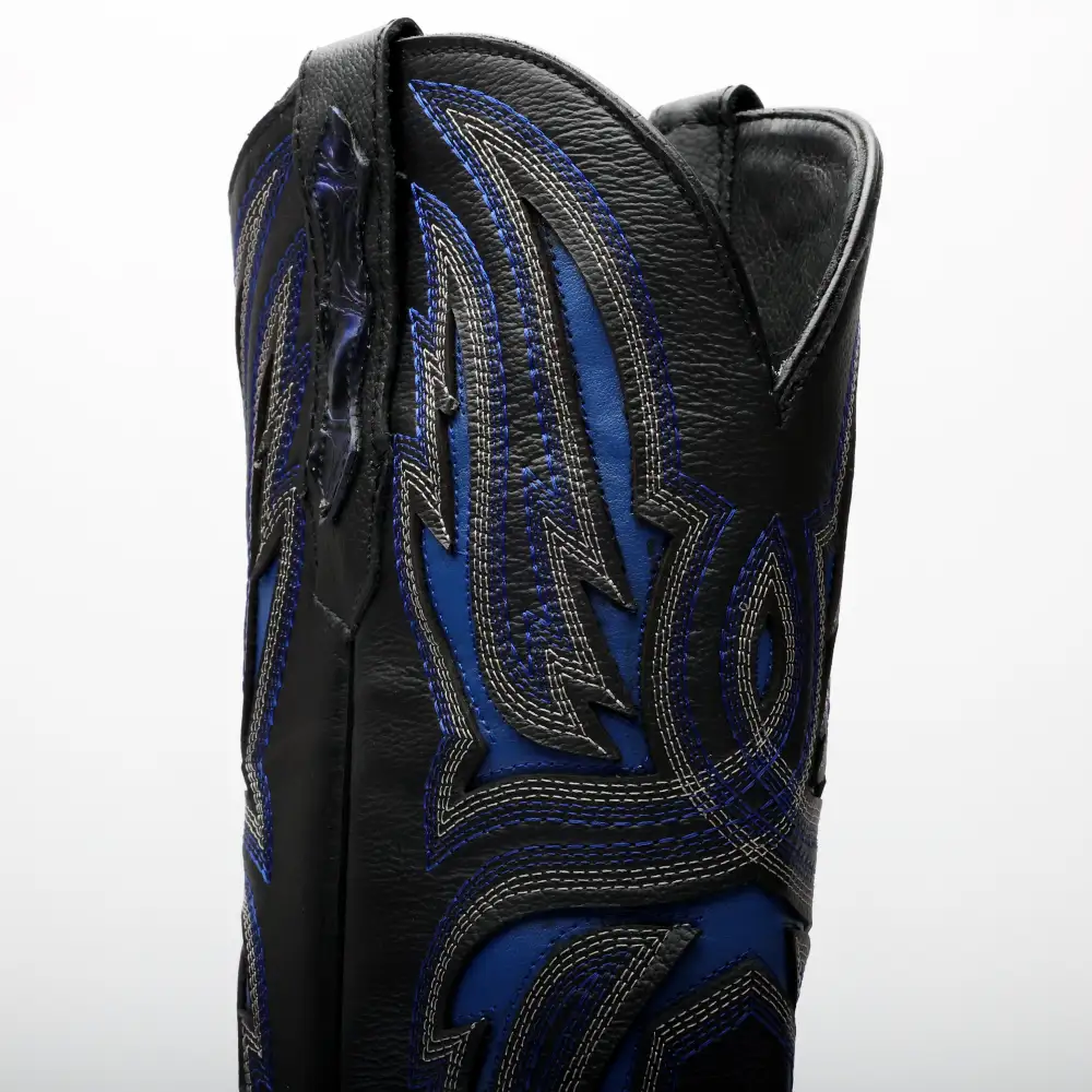 Black/Blue Giant Caiman Neck Leather Boots - Square Toe