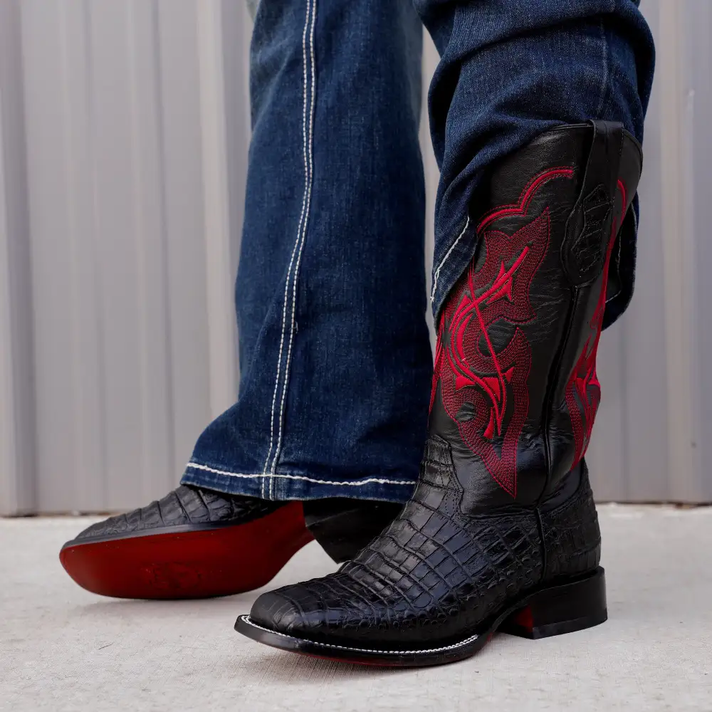 Black Caiman Belly Leather Boots -Square Toe