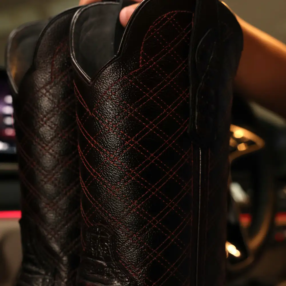 Black Cherry Caiman Neck Leather Boots - Square Toe