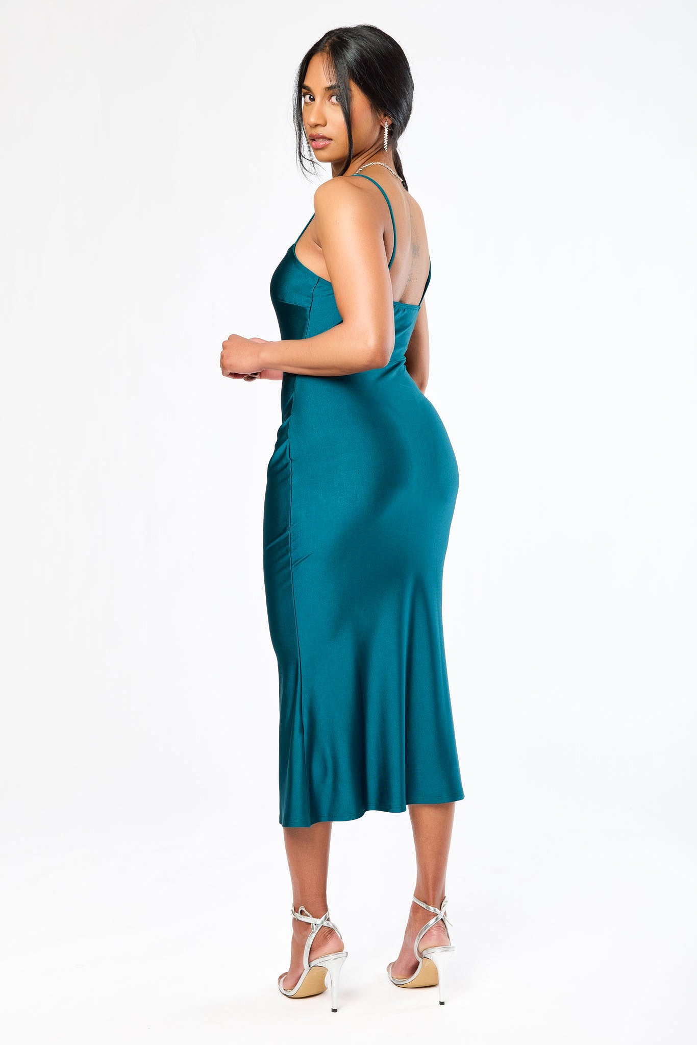 Satin Jersey Midi Dress with Flared Hem