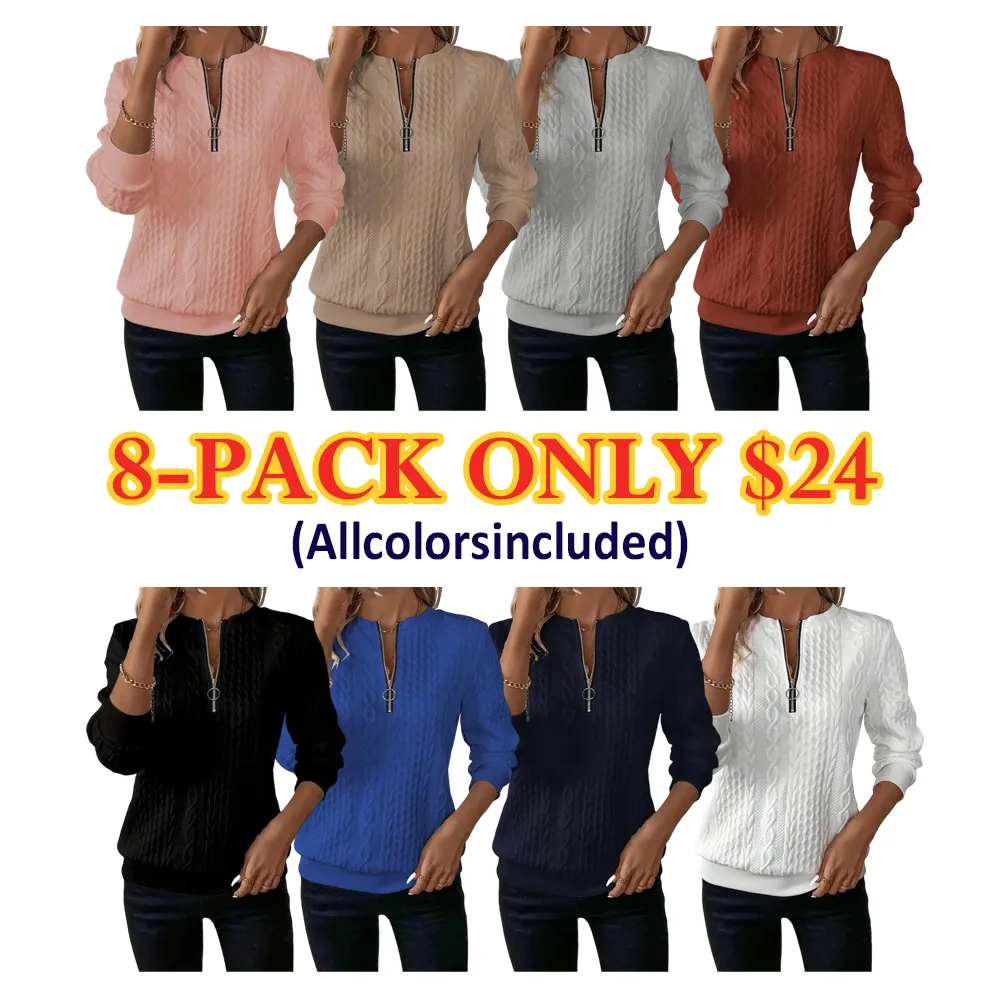 Women'S Plain Textured Half Zip Up Sweatshirt