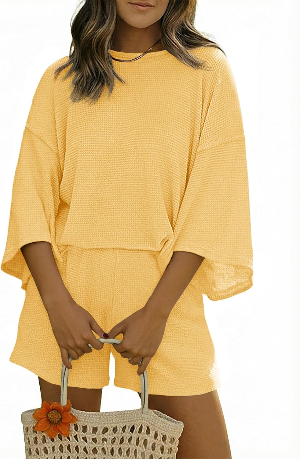 Womens Short Sets 2 Piece Outfits 3/4 Sleeve Tops and Elastic Waist Shorts Lounge Set Casual Loungewear