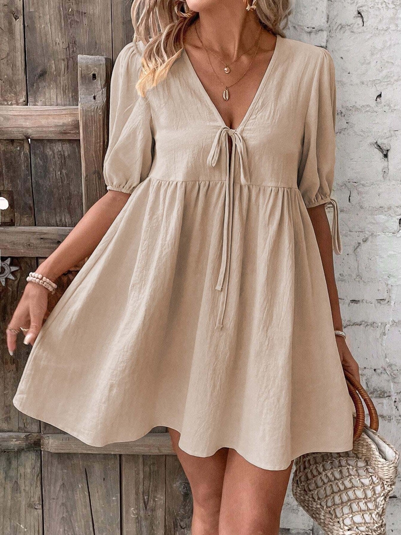 Tie Front Puff Sleeve Mini Dress