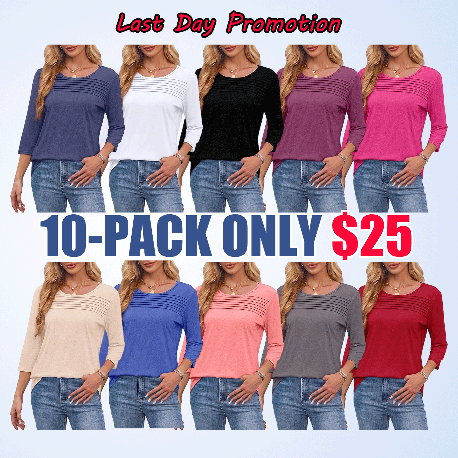 🔥Women’s Pleated 3/4 Sleeve Blouse – Loose Fit Curved Hem Casual Top