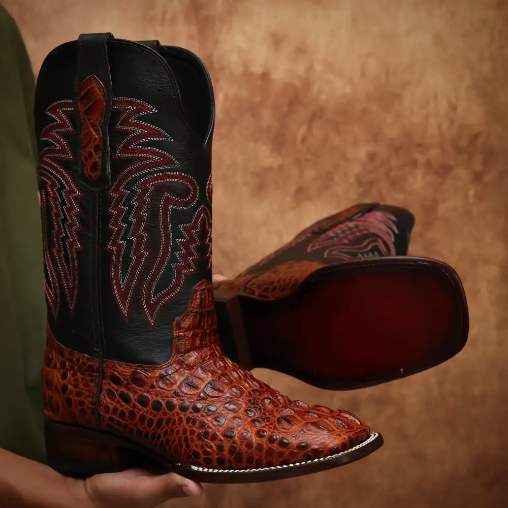 Cognac Caiman Neck Leather Boots - Square Toe