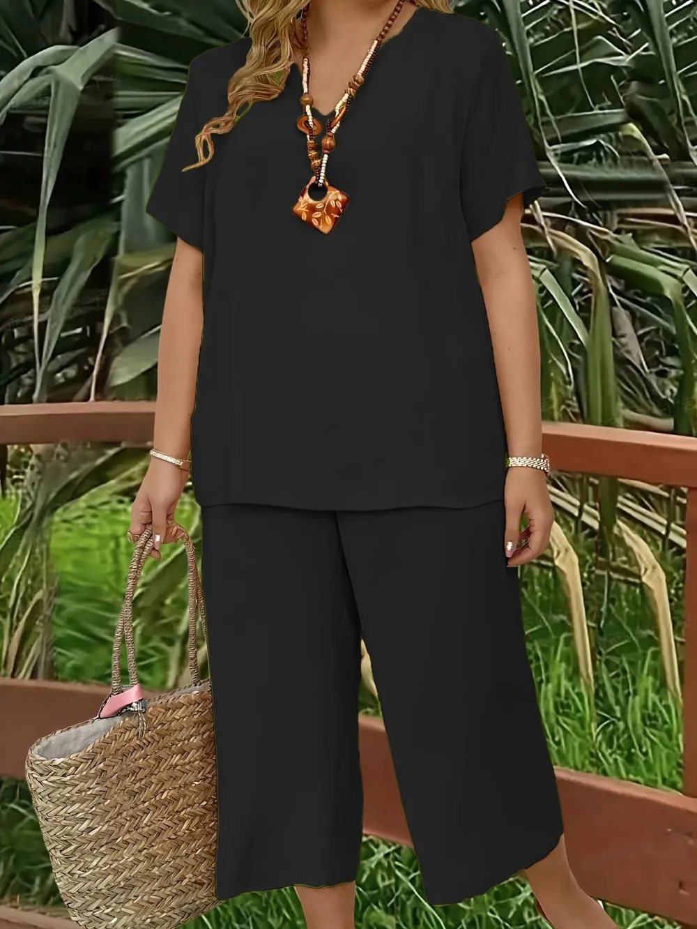 Women's Solid Color Short Sleeve Fashion Top & Casual Wide Leg Pants Set, Summer, Comfortable & Stylish