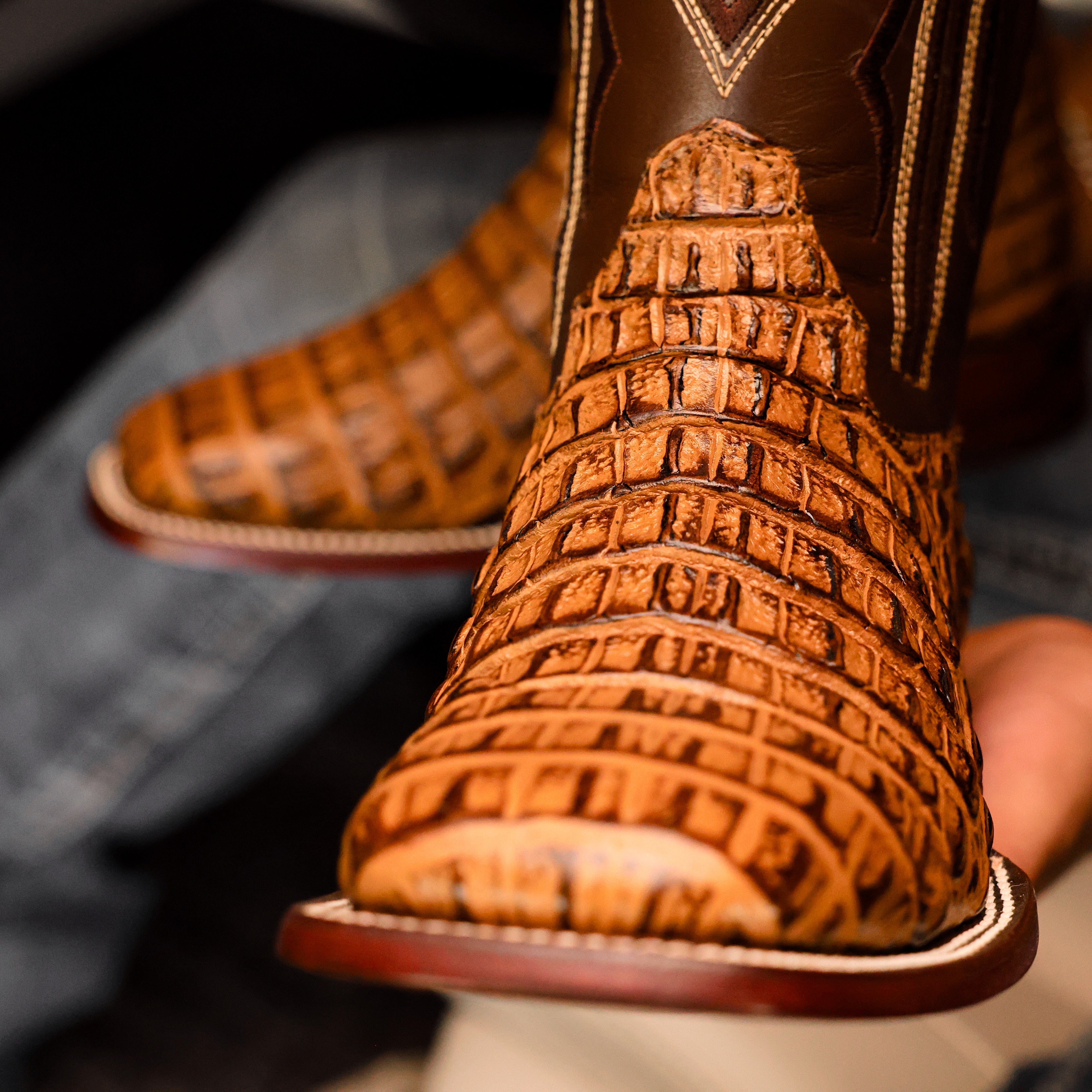 Honey Caiman Hornback Leather Boots - Square Toe