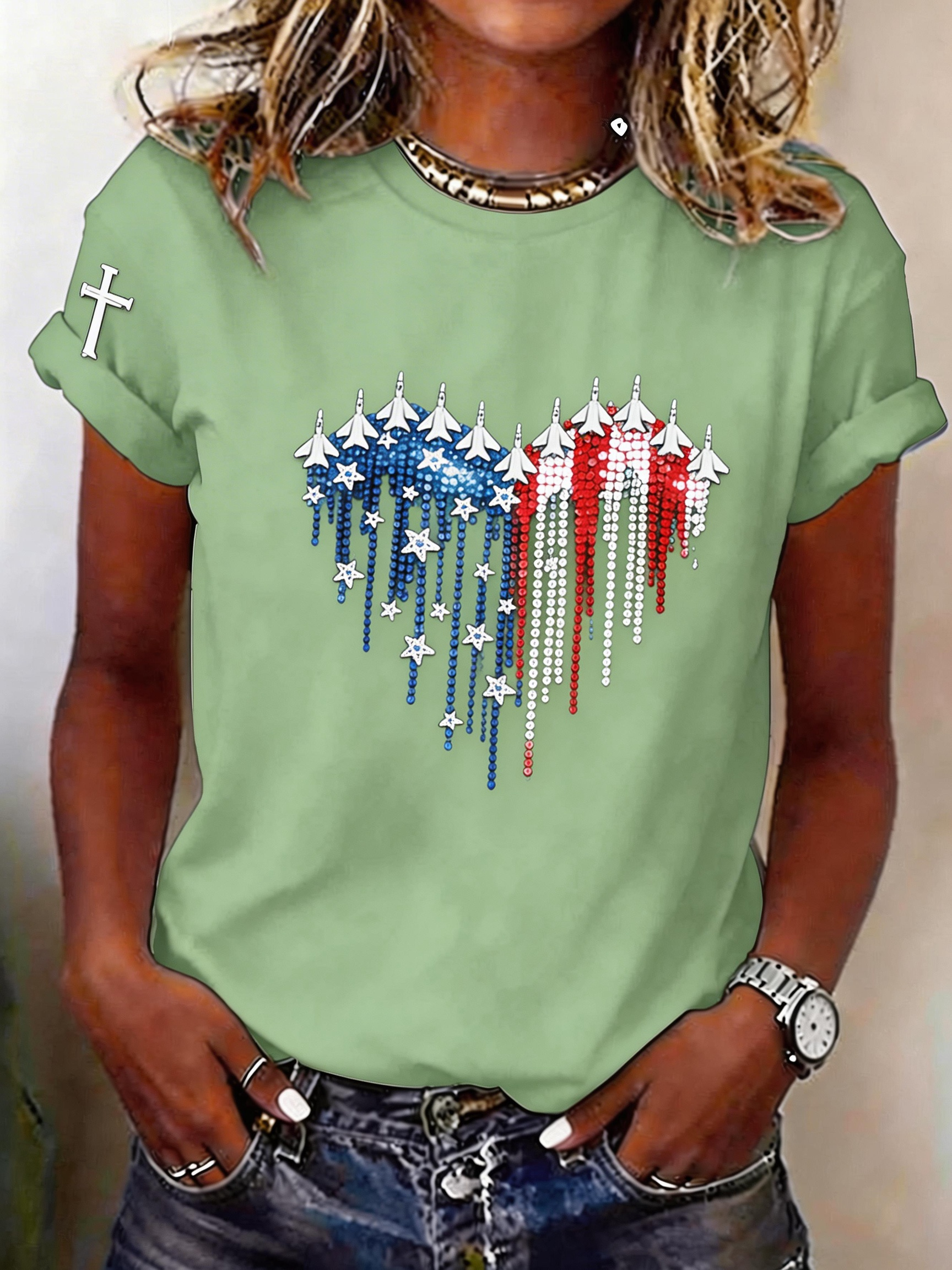 Women's Patriotic Faith & Freedom Heart Graphic Tee - Jet Fighter USA Flag Shirt