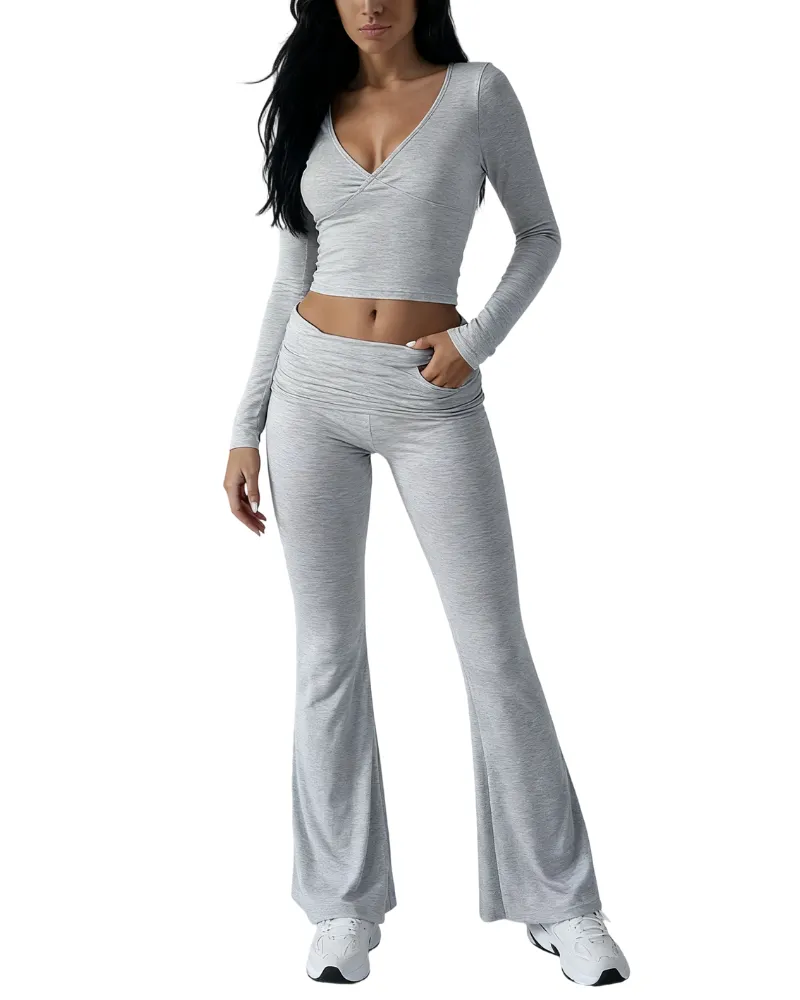 Elegant Casual V-Neck Long Sleeve Basic Two-Piece Outfit Set