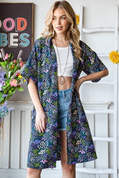 Full Size Half Sleeve Floral Open Cardigan Plus Size