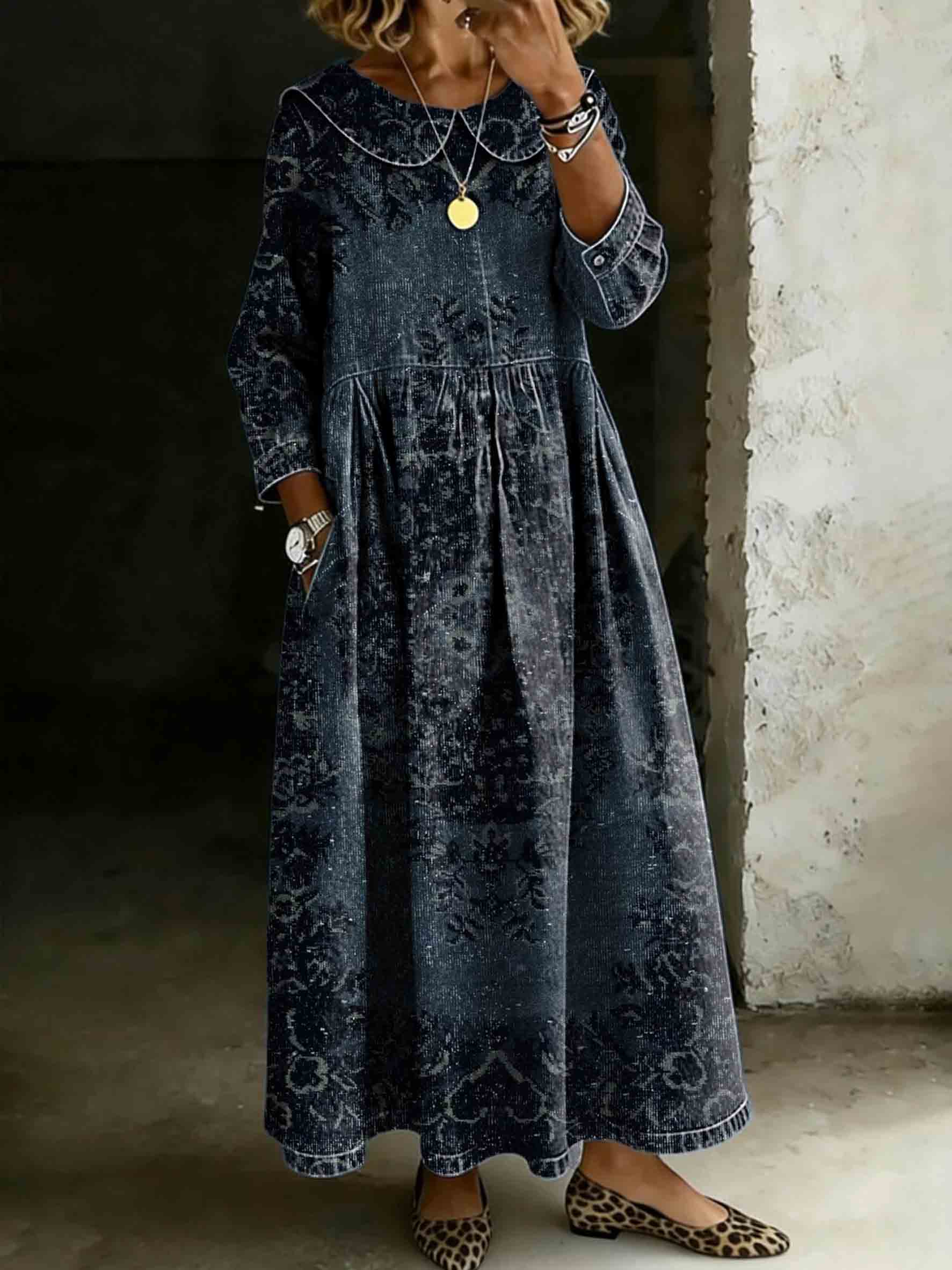 Women's Vintage Mandala Symmetrical Art Print Lapel Collar Pleated Long Sleeve Casual Loose Denim Dress
