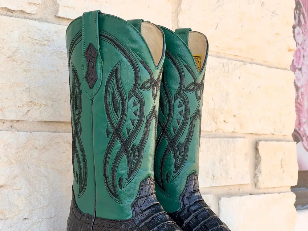 Men’s Black Crocodile Leather Boots With Green Shaft