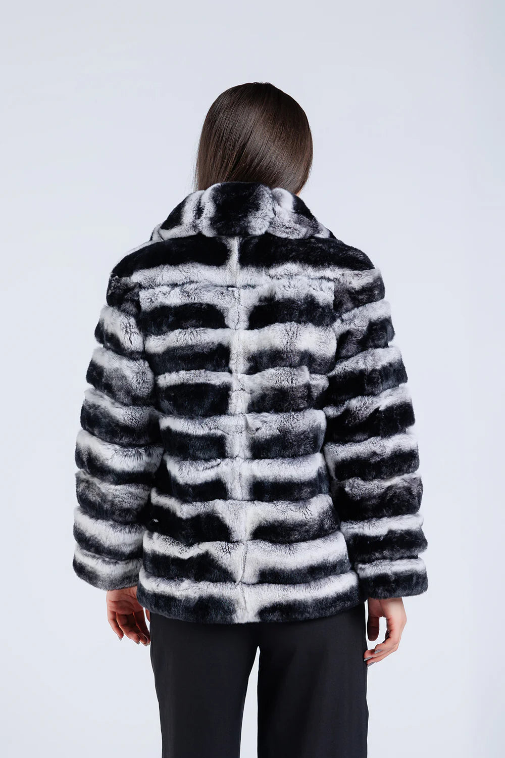 Haină din Blană Naturală de Rex Chinchilla, Guler Rever, Femei, Silver Grey 177