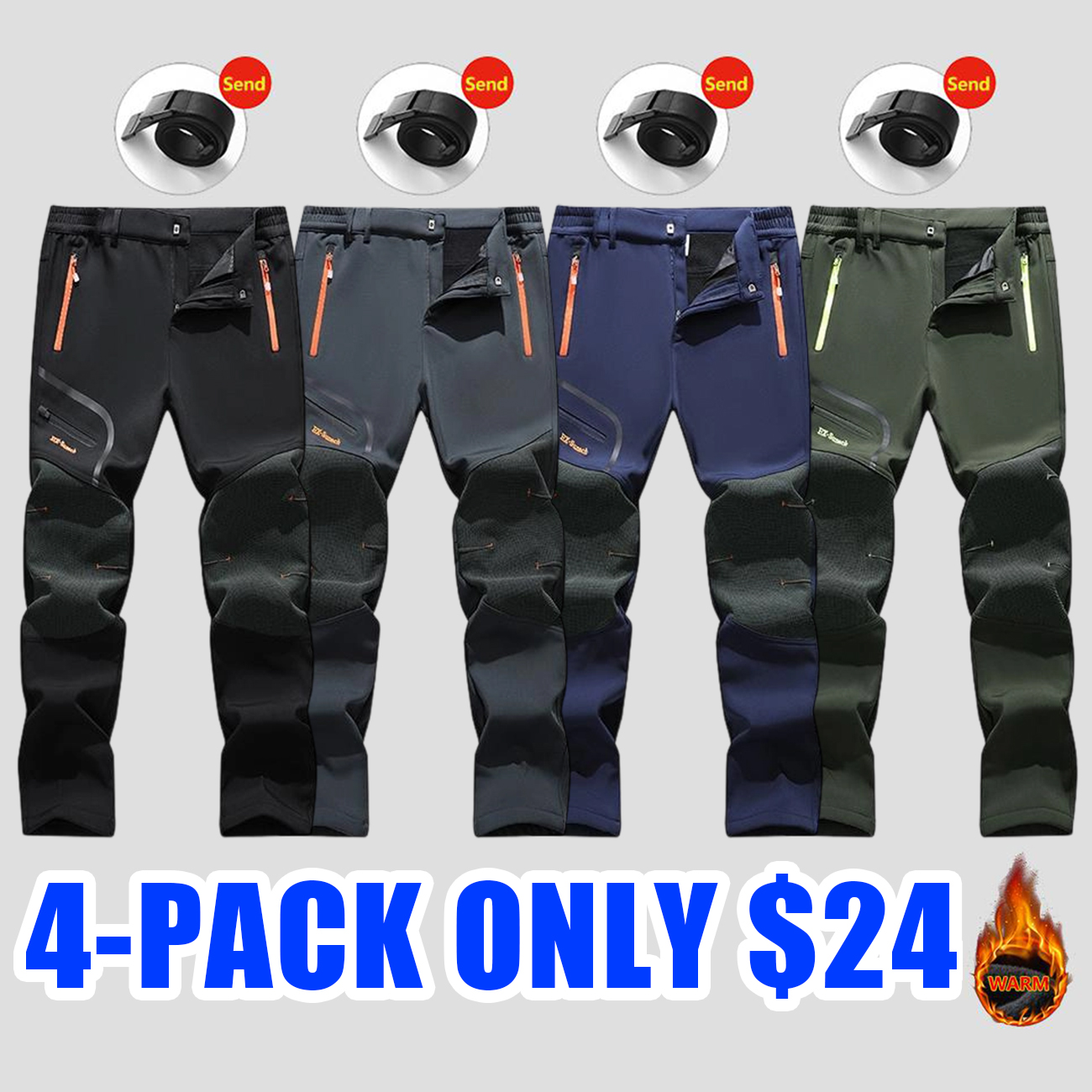 Men’s Winter Snow Pants – Fleece-Lined, Water-Resistant with 4 Zipper Pockets