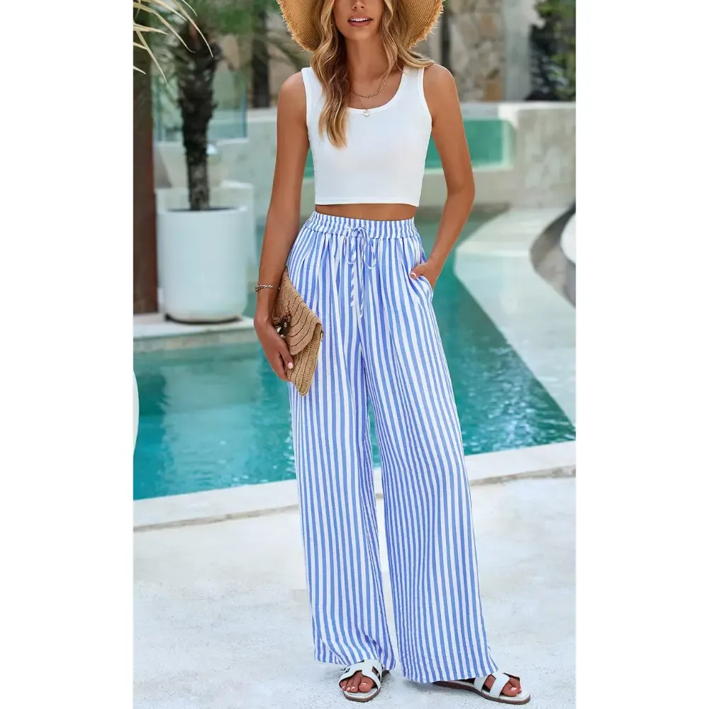 Women’s Striped Elastic Waist Wide Leg Palazzo Pants