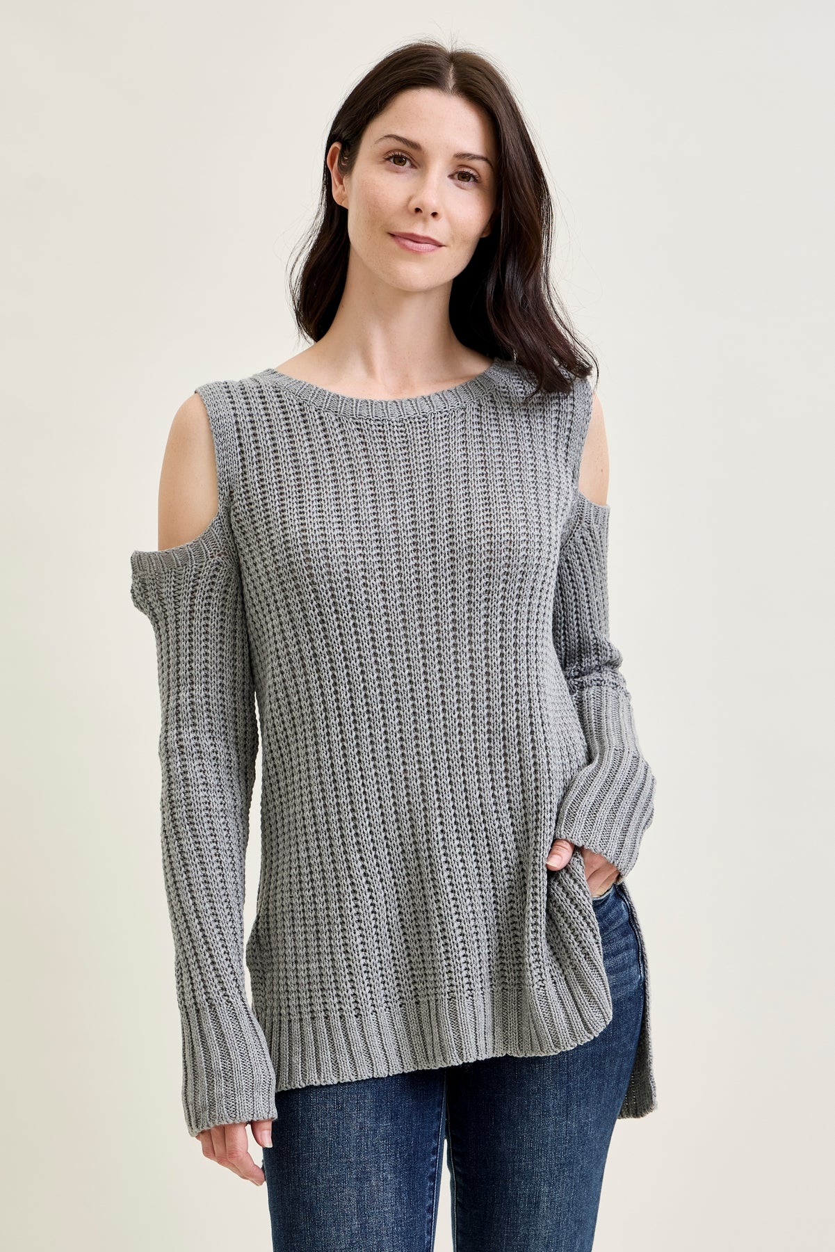Cold Shoulder Pullover Grey Sweater