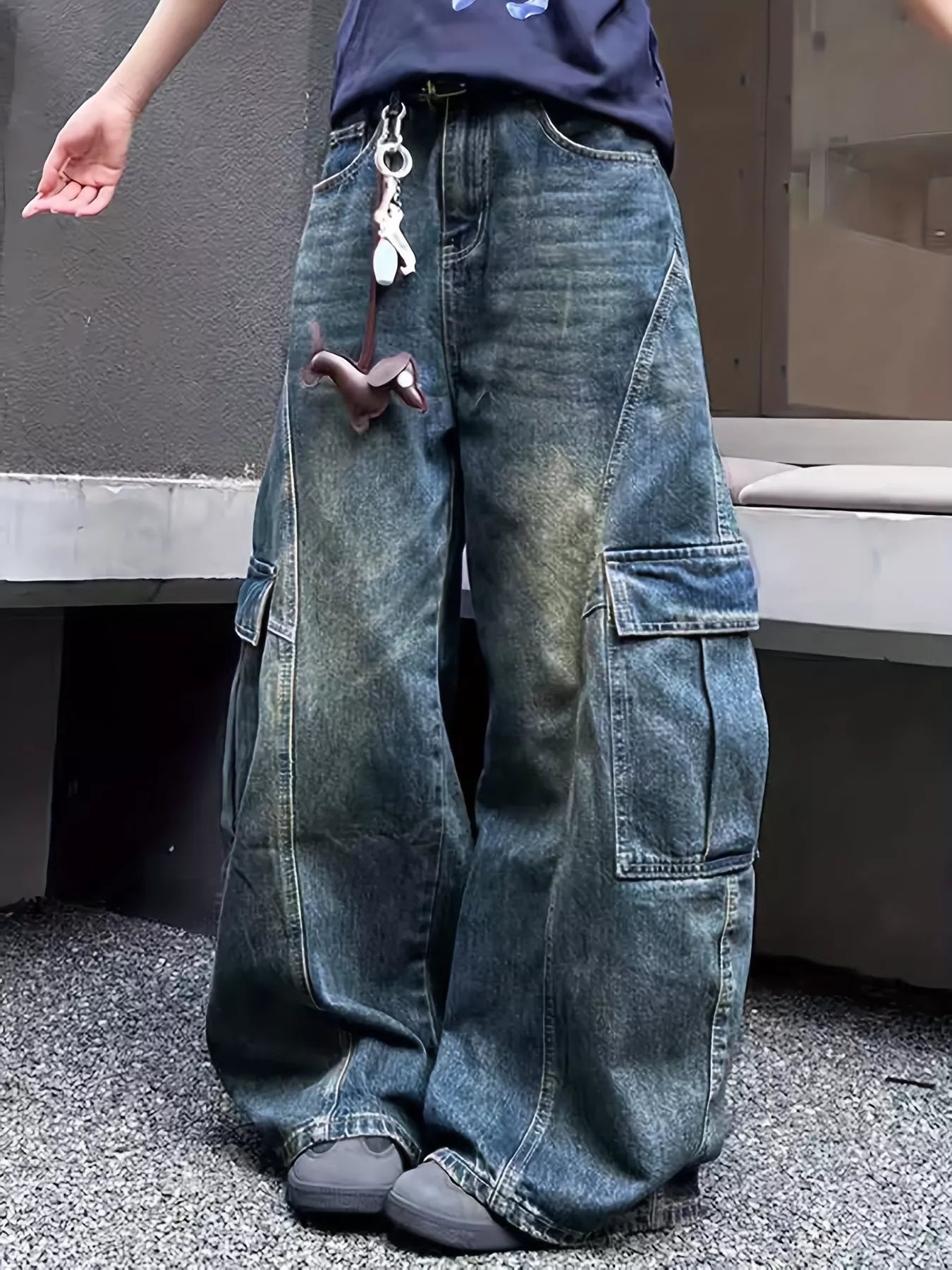 Vintage Wash Wide Leg Cargo Jeans