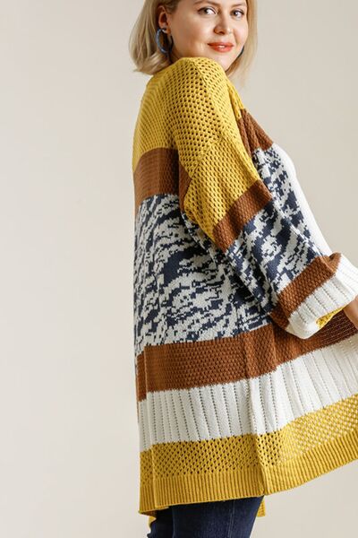 Full Size Color Block Open Front Longline Cardigan