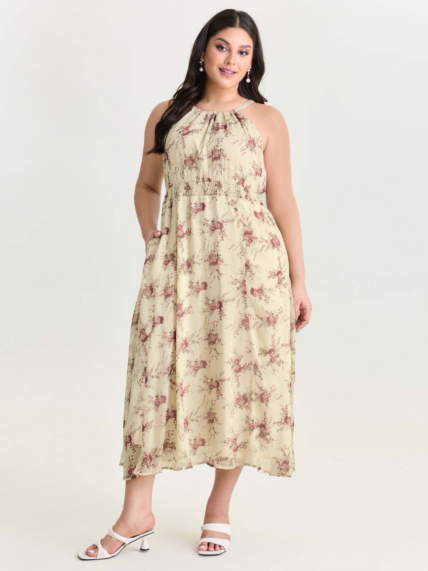 Romantic Floral Print Halter Neckline Maxi Dress