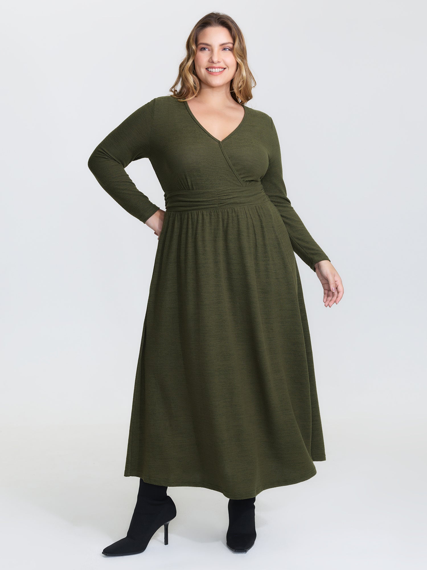 Pleated Waist Wrap Neckline Knit Maxi Dress