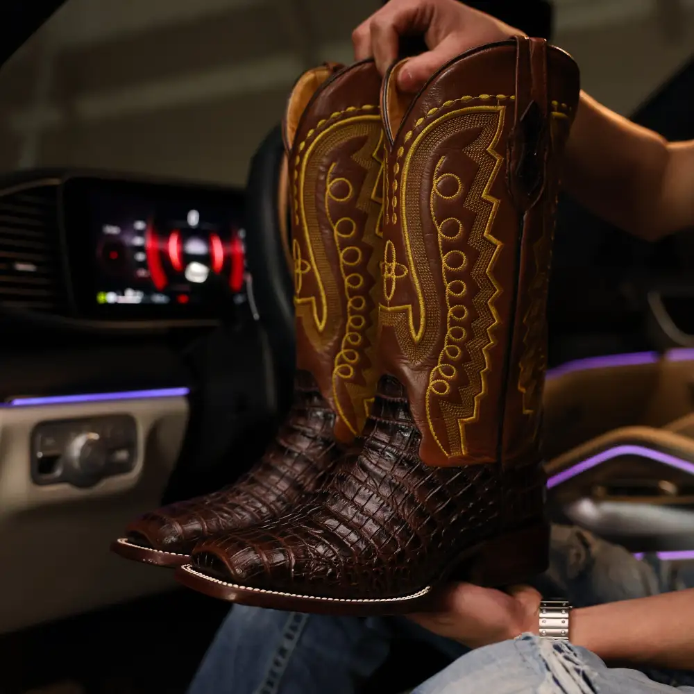 Chocolate Brown American Gator Belly Leather Boots - Square Toe