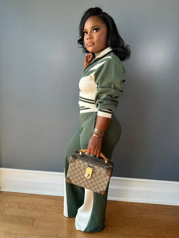 Women's Colorblock Print Zip Up Long Sleeve Crop Jacket & Pants Two-piece Set