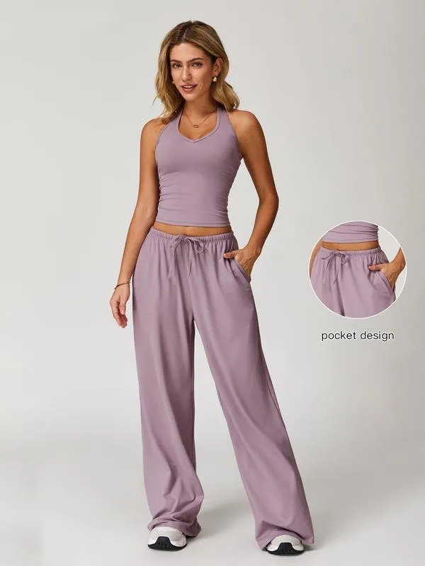 Women's Solid Crop Tank Top & Wide Leg Pants Set (Just $3 a set!)