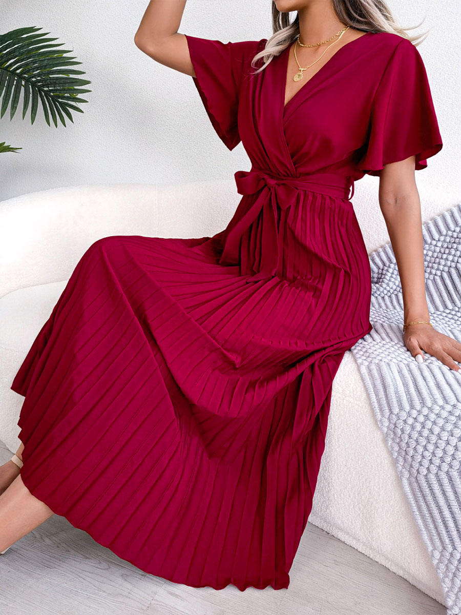 Women's Casual Cross V-neck Ruffled Pleated Dress