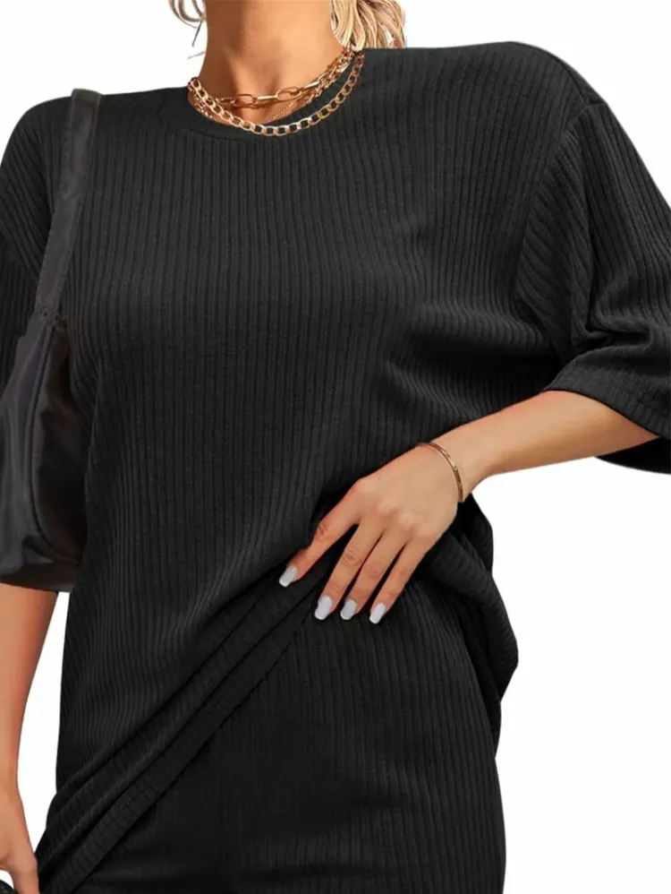 Summer Ribbed Lounge Set - Stretch T-shirt and Cycling Shorts | Breathable Loungewear