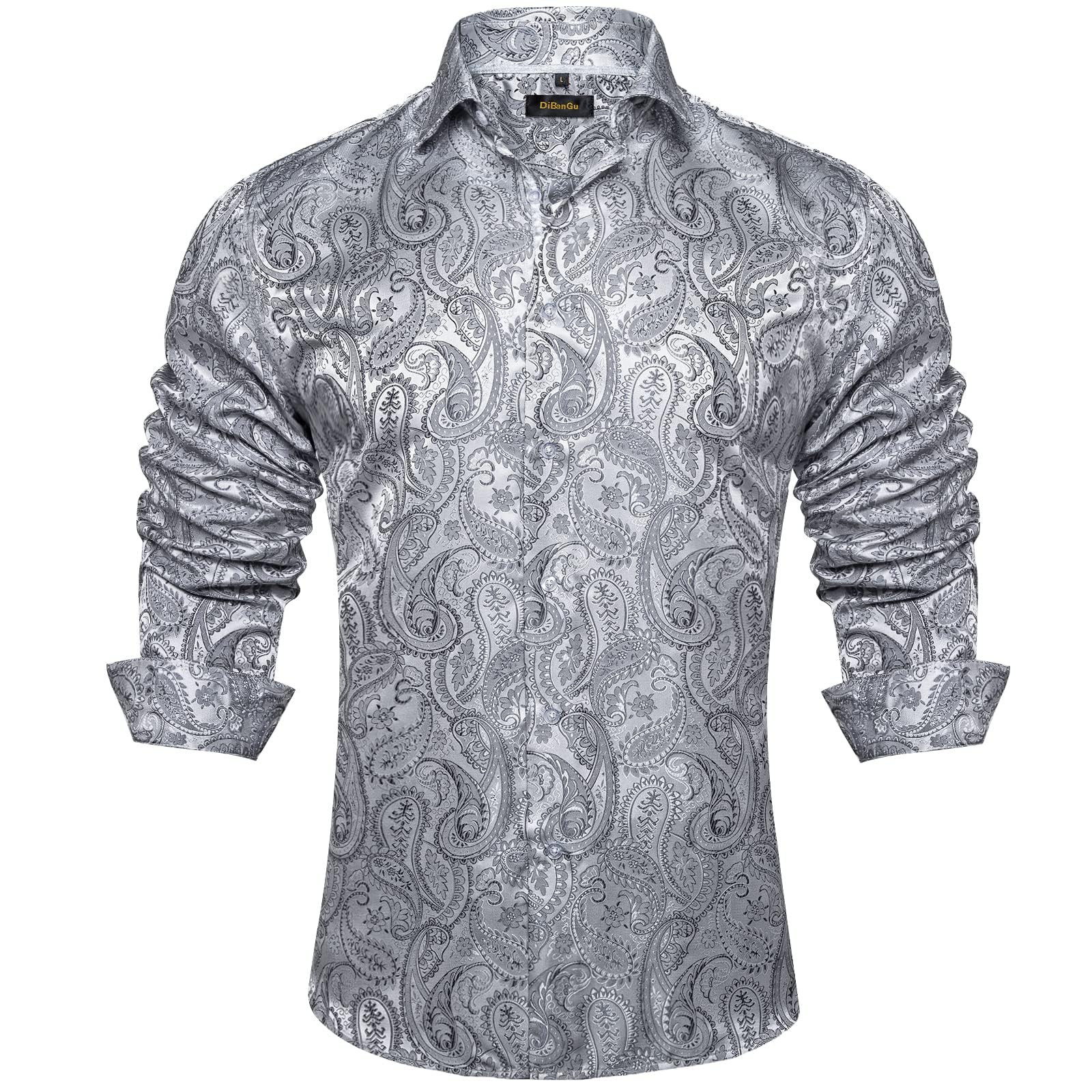 Men's Paisley Dress Shirt Long Sleeve Wrinkle Free Button Down Cowboy Shirts - Silver Grey&paisley