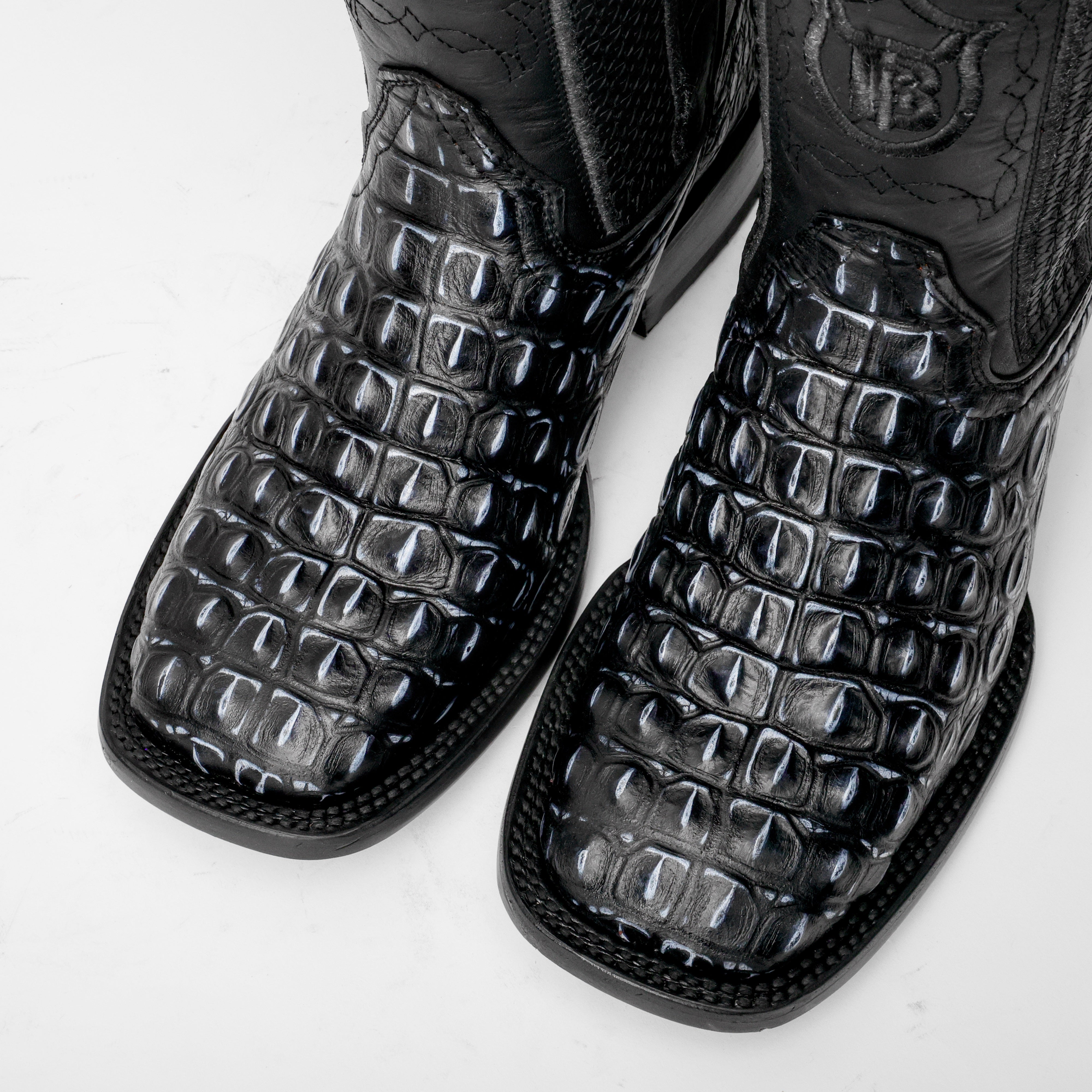 Black/Grey Caiman Hornback Leather Boots - Square Toe