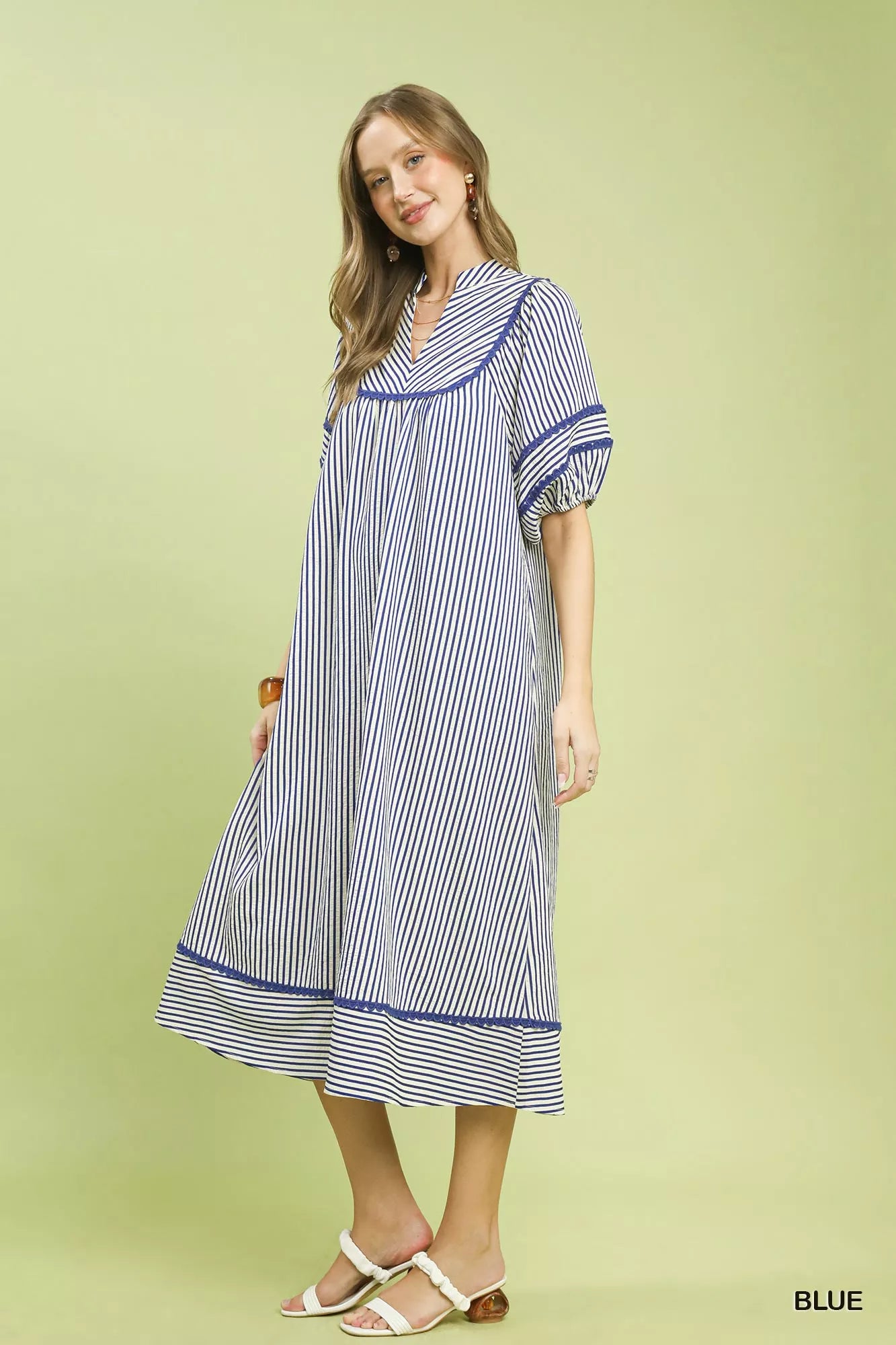 Umgee Striped Puff Sleeve Midi Dress