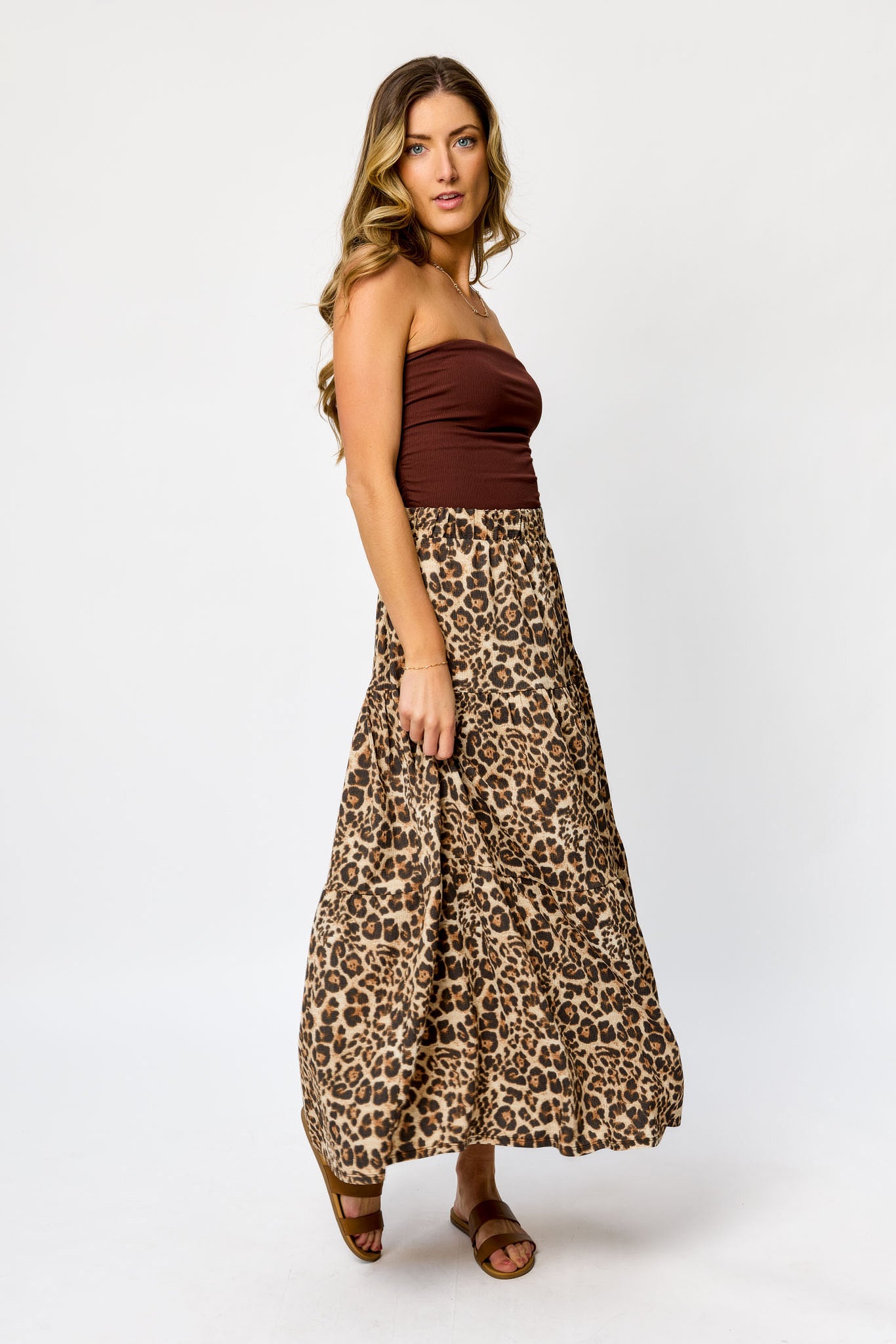 Animal Print Ripple Jersey Tiered Maxi Skirt