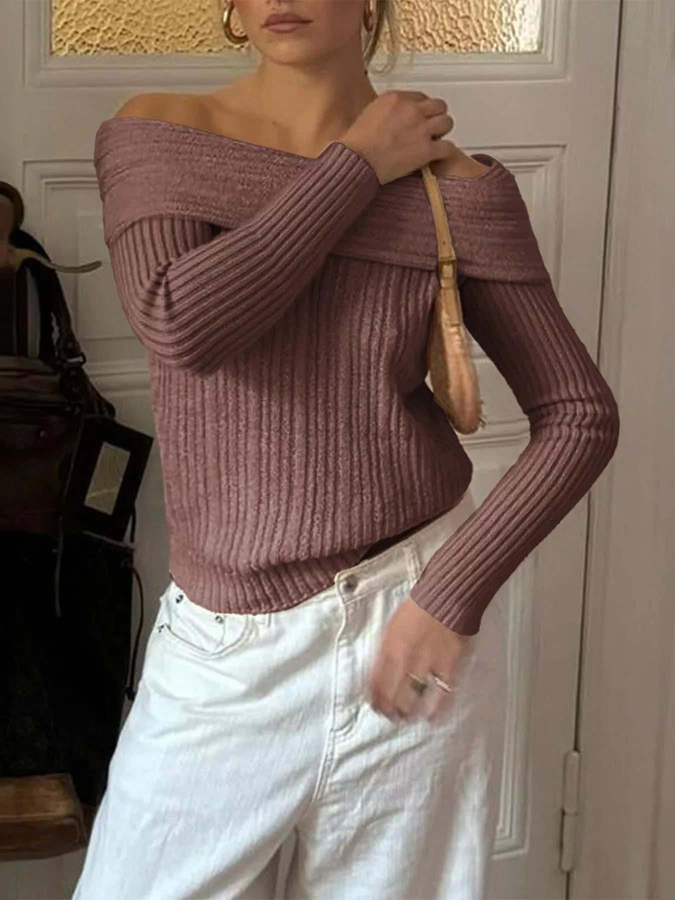 Off-Shoulder Ribbed Knit Sweater
