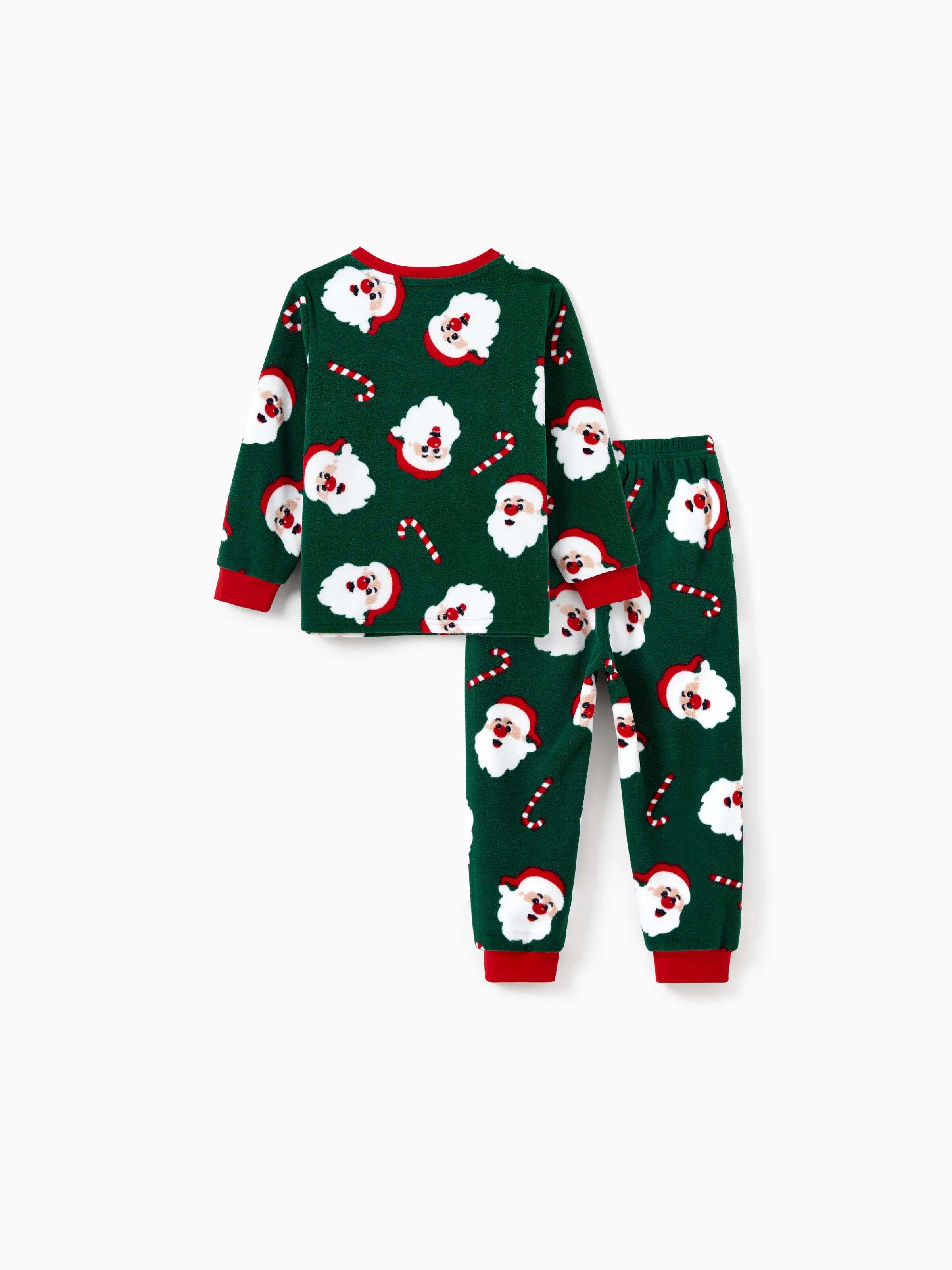 Christmas Matching Family Fleece Pajamas Set Santa Claus and Candy Cane Print PJS with Christmas Socks Dark Green