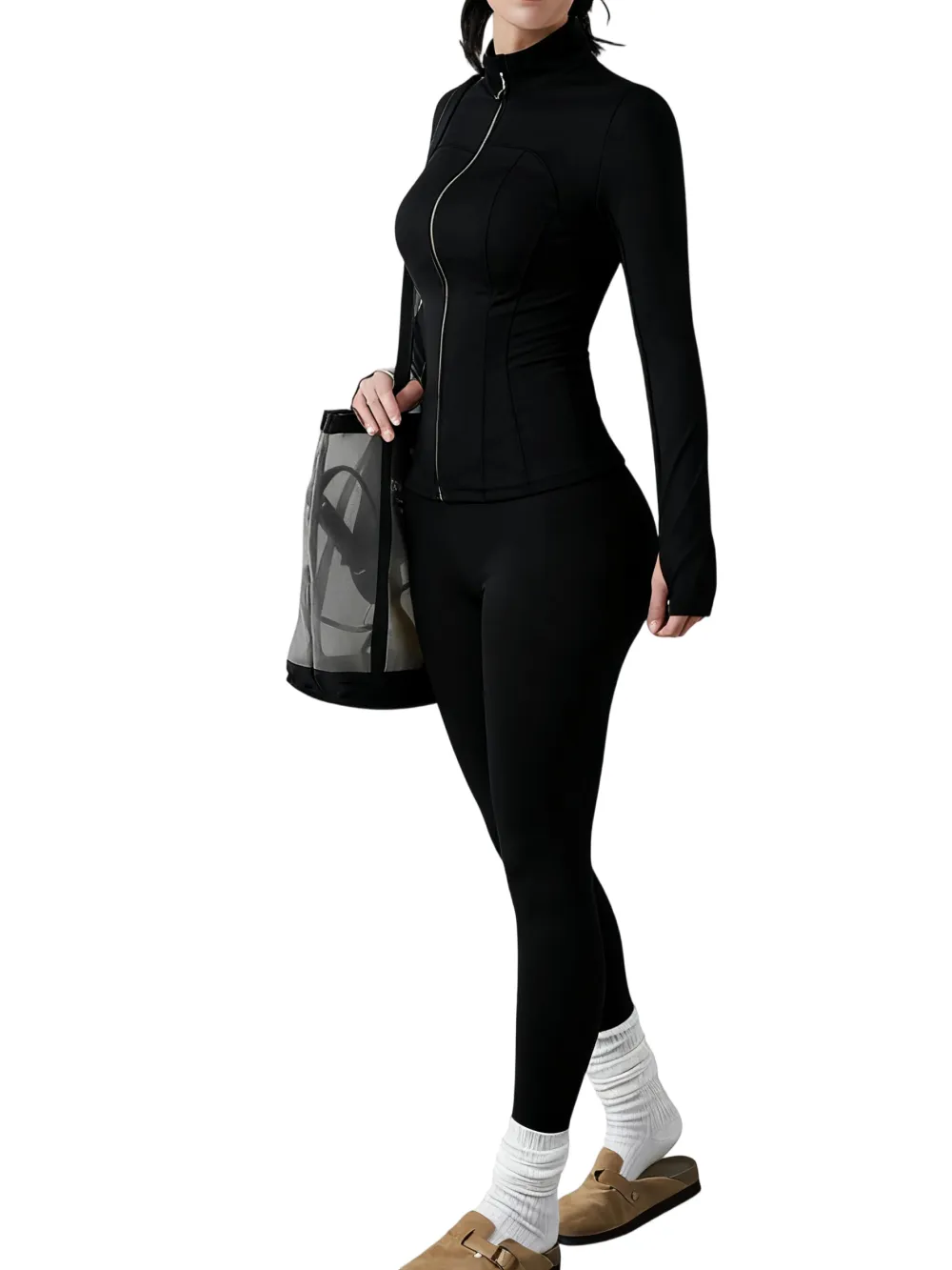 Women's Solid Zip Up Jacket & High Waist Leggings Tracksuit Set