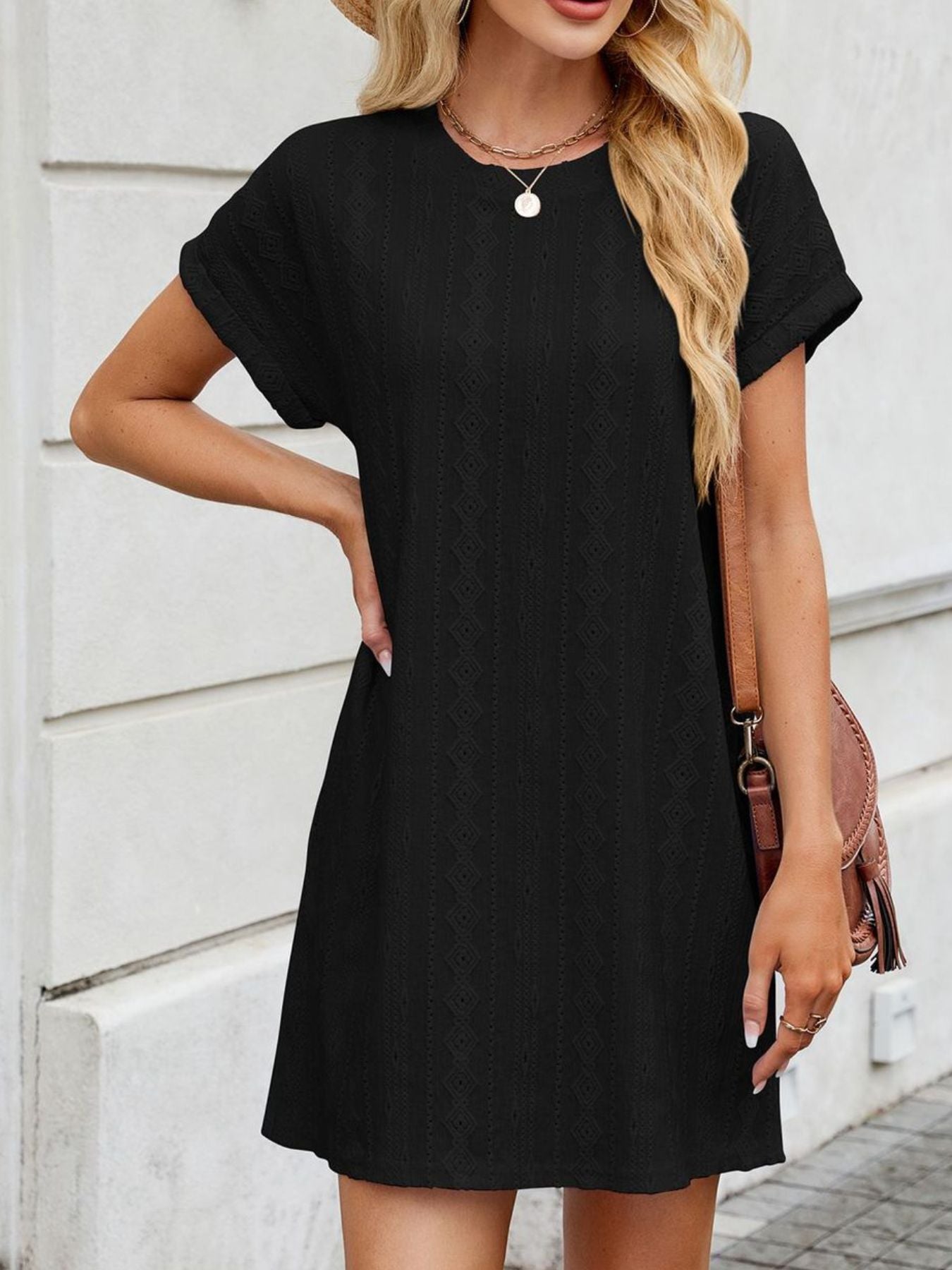 Eyelet Round Neck Casual Mini Dress