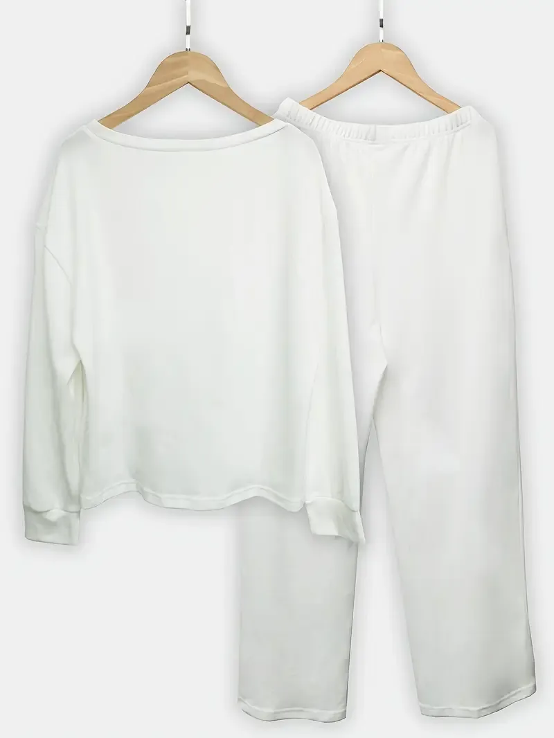 Women's Solid Casual Lounge Set, Long Sleeve Round Neck Top & Elastic Drawstring Pants, Comfortable Relaxed Fit For Fall