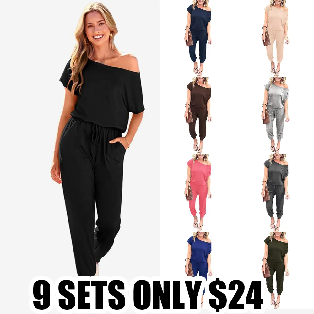 Women's Plus Size Off-Shoulder Jumpsuit – Summer Casual Romper with Elastic Waist, Fake Drawstring & Pockets