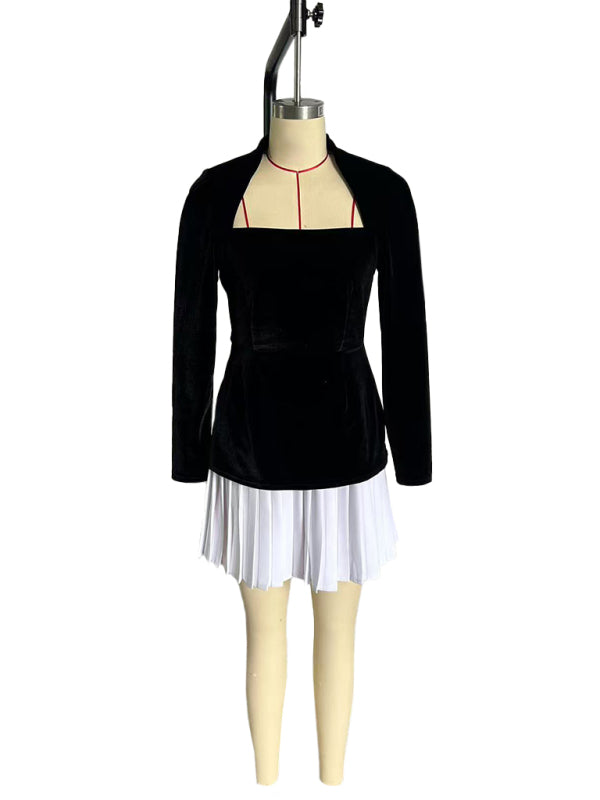 Fashionable And Personalized Long-Sleeved Color-Blocked Pleated Hem Mini Skirt Dress