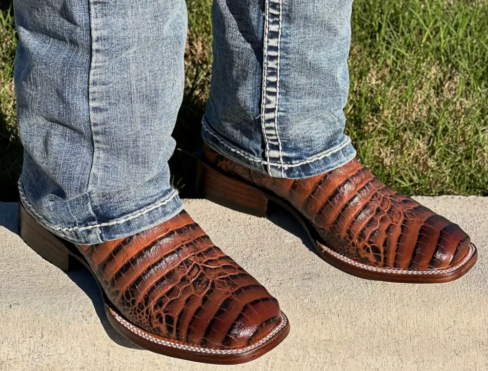 Men’s Cognac Caiman Belly Leather Boots With Brown Shaft