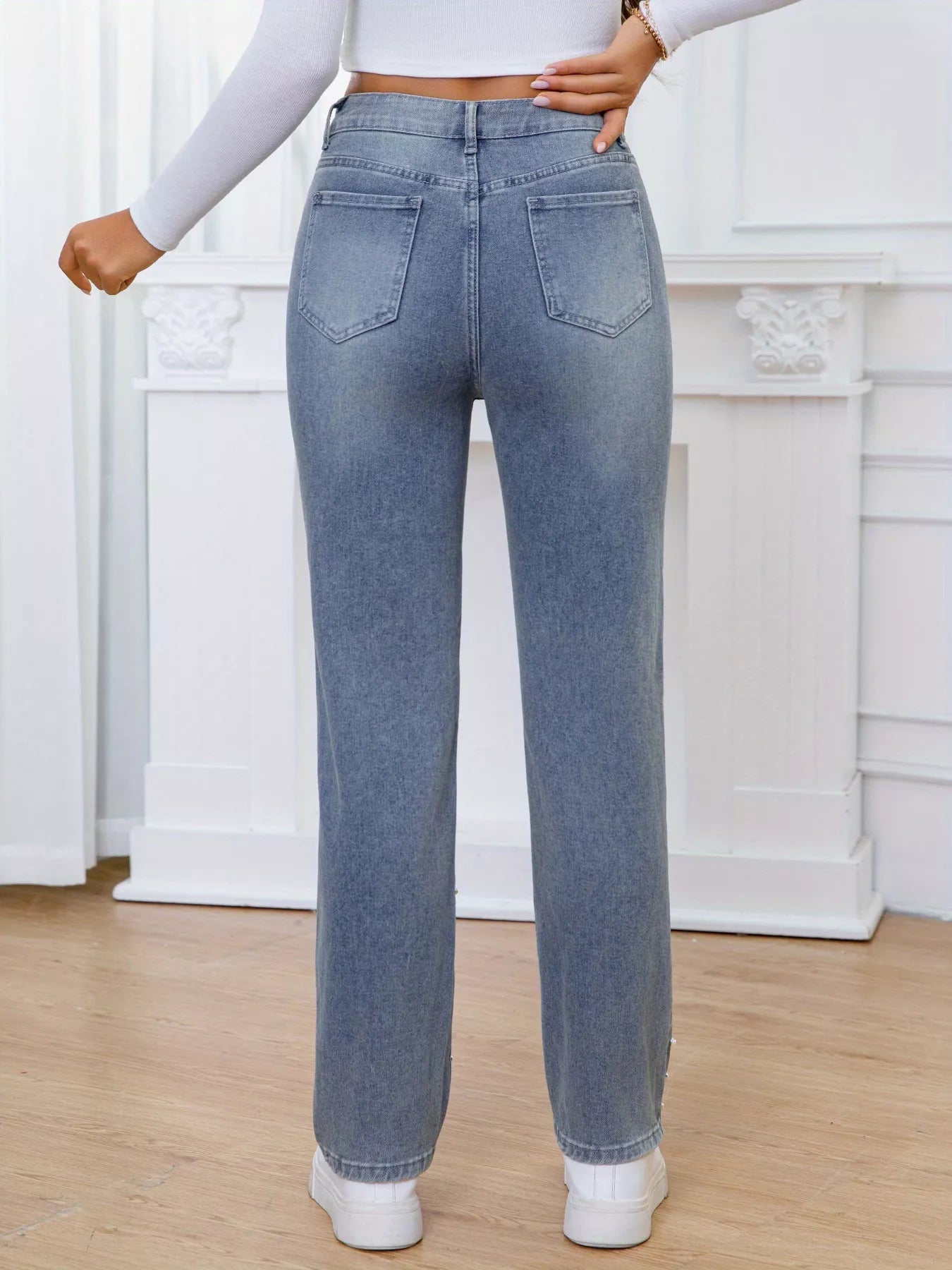 Pearl Embellished High Waist Straight Jeans
