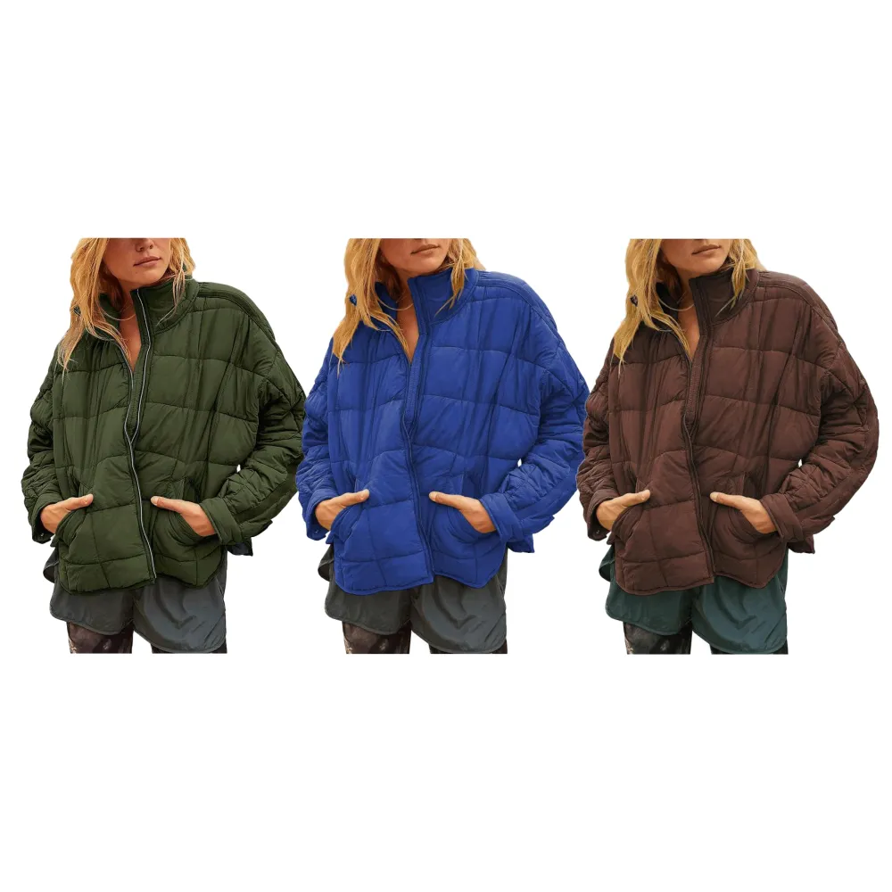 Womens Quilted Puffer Jackets Lightweight Zipper Short Padded Coat With Pockets