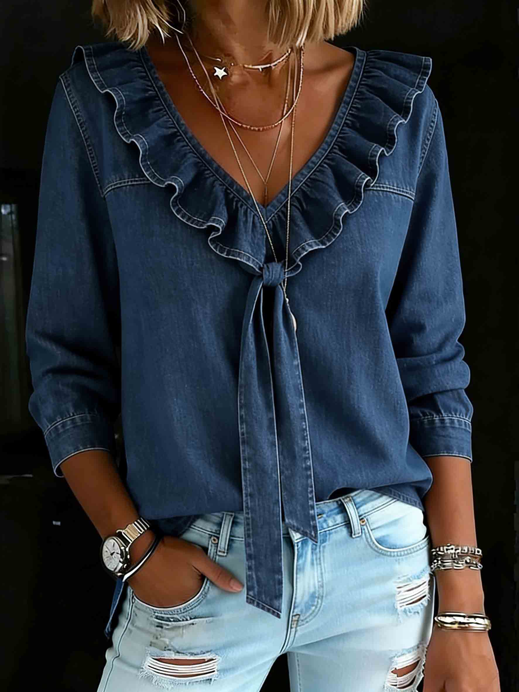 Women's Denim Ruffle V-neck Tie-front Shirt