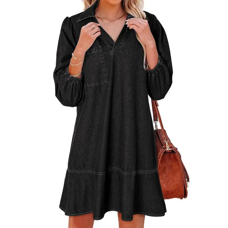 V Neck 3/4 Puff Sleeve Jean Dresses