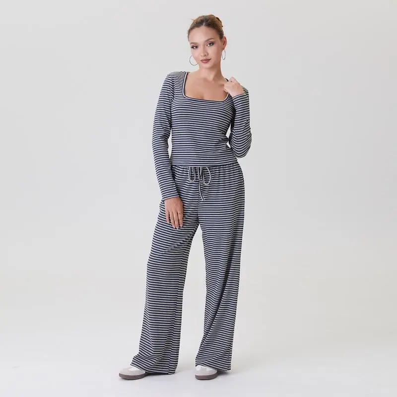 Women's Stripe Square Neck Long Sleeve Crop Top & Wide Leg Trousers Set