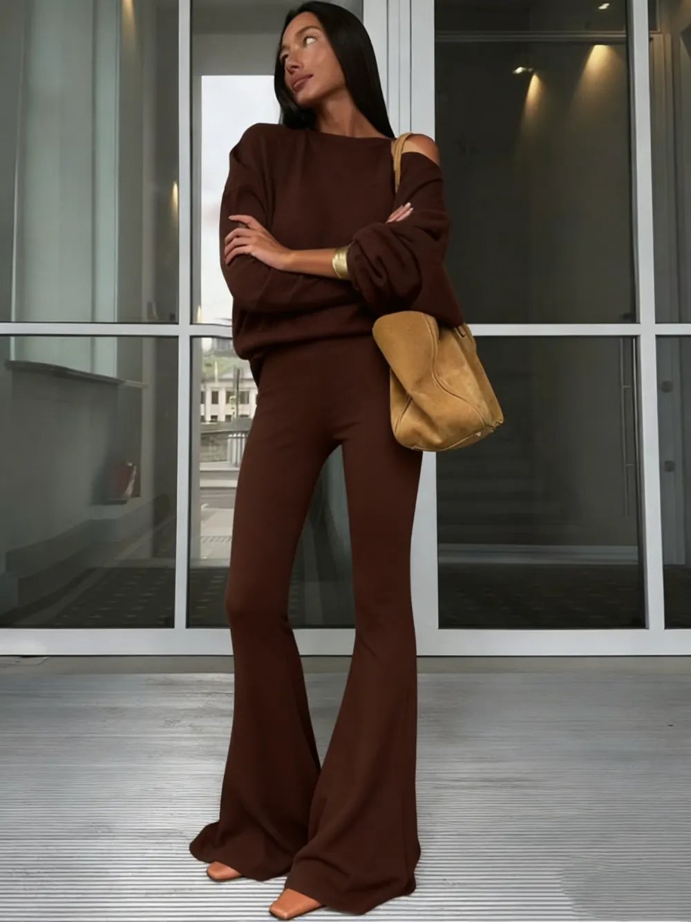 Women's Solid Asymmetrical Neck Top & Flare Leg Pants Set