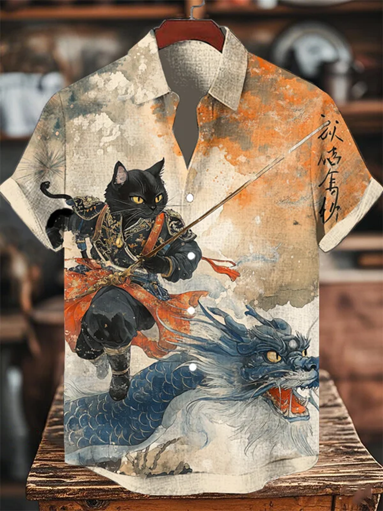 Men's Black Cat Samurai And Dragon Japanese Style Art Print Casual Shirt