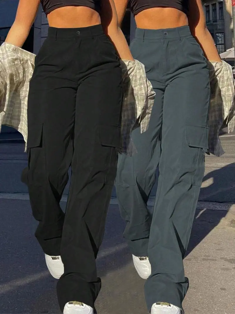 Women's Plain Flap Pocket Button High Waist Cargo Pants