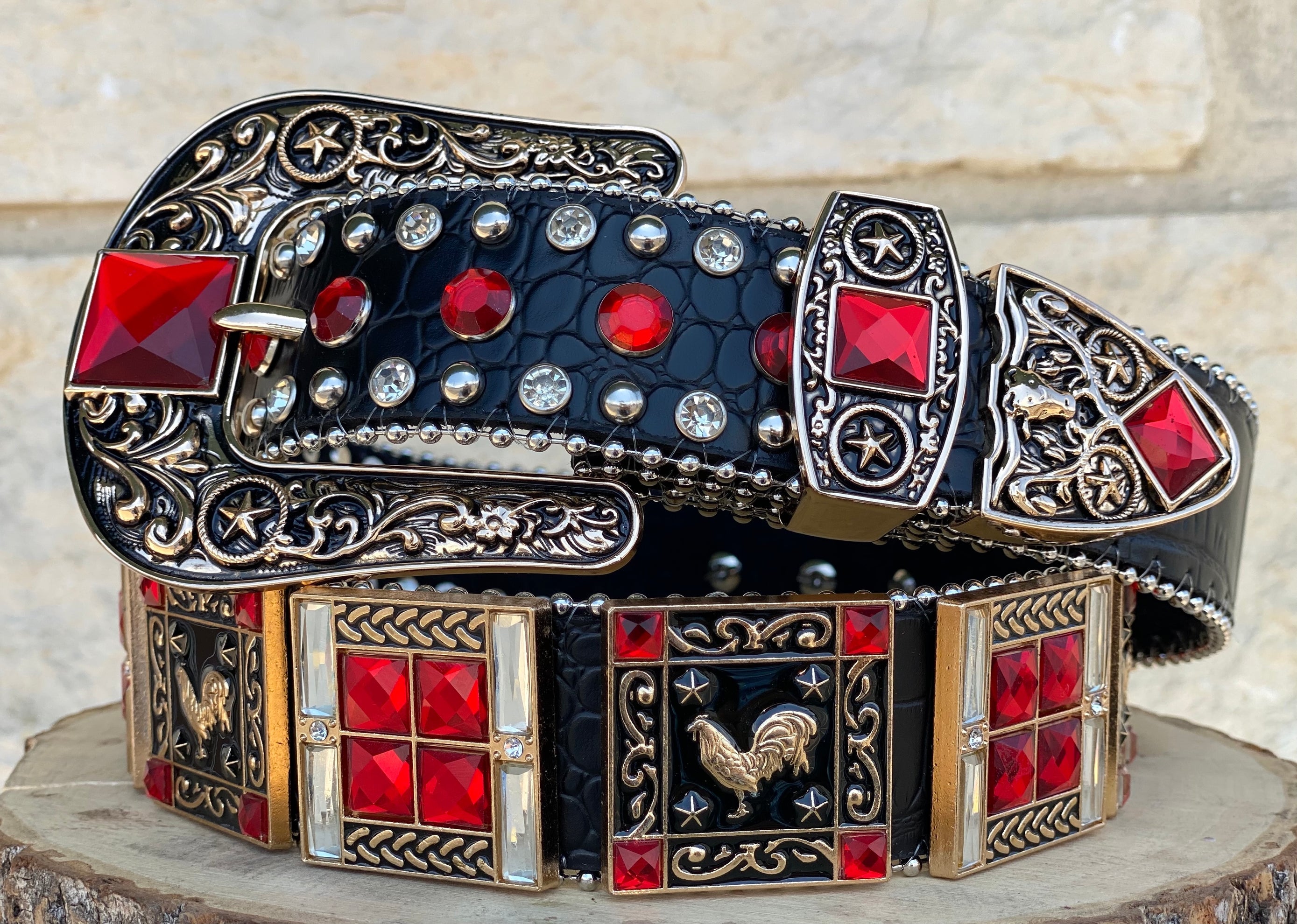Western Black Leather Belt With Red/ Rooster Rhinestones